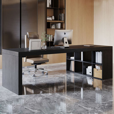 Bureau de direction en bois massif noir en forme de L