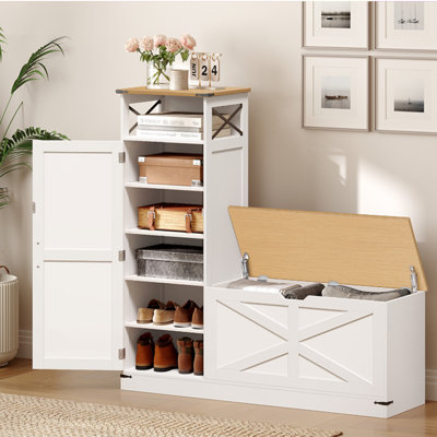Armoire à chaussures avec banc, banc à chaussures en forme de L, banc de rangement, armoire de rangement à chaussures Farmhouse avec tablettes réglables