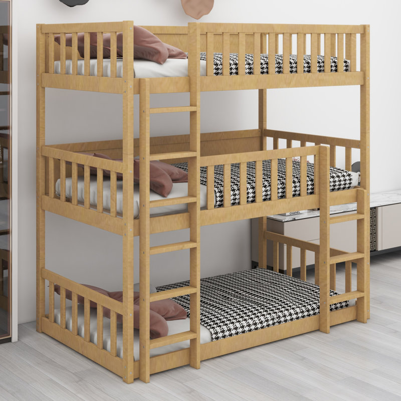Triple Wood Bunk Bed, With Ladders, Guardrails Detachable Bunk Bed, White Oak