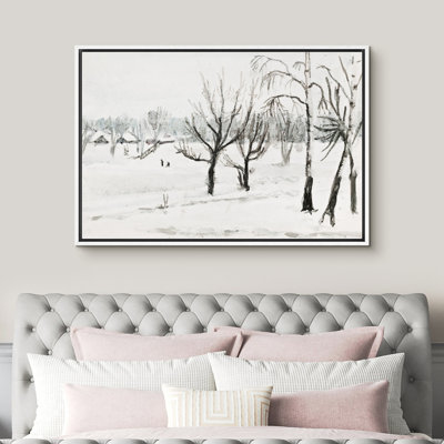 «Snowy Winter Field Landscape», ferme rustique rétro, œuvre d'art sur toile encadrée