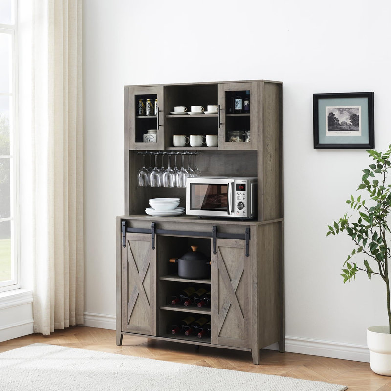 70" Tall Farmhouse Coffee Bar Cabinet With Sliding Barn Doors, Ample Storage Shelves, Gray
