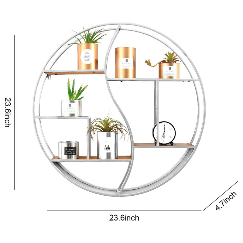 Round Floating Shelf Wall Mounted - Metal Frame With Vintage Wood Display Organizer For Living Room, Bathroom, Fireplace Decor