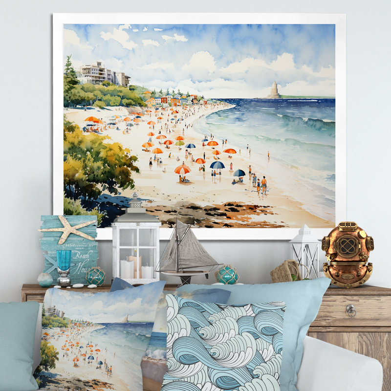 Impression rétro sur toile, plage rétro, Cadre de coin blanc fermé, H 34 po x l 44 po x P 1,5 po