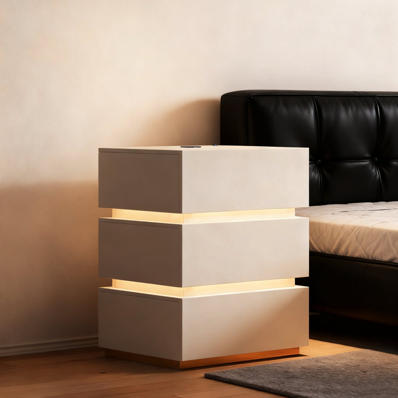 3-Drawer LED Smart  Nightstand with Light, White