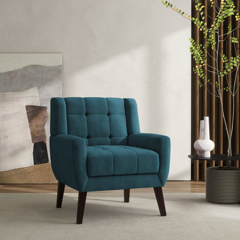 Jaqueze Upholstered Polyester Tufted Square Arm Accent chair, Jaqueze Blue Velvet