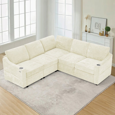 Canapé-lit modulaire moderne de 84 po à 5 sièges avec dossier réglable, canapé modulaire en L en chenille avec chargement USB et lit escamotable, canapé d'angle convertible avec porte-gobelets et repose-pieds pour le salon, le bureau