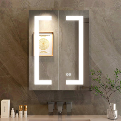 Bathroom Led Lighted Wall Cabinet Mirror 32"24" - Dimmable, Fog, Adjustable Shelf, 2 Doors, Sockets, , Silver Glitter With And Fog Hue