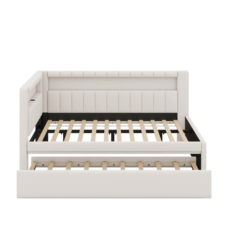 Lit plateforme tapissier avec ports USB, ceinture à DEL, Lit double, Blanc