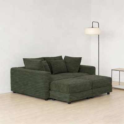 102.4 "Plush Corduroy 4-Seat Sofa,Modern Comfy Upholstered Sofa Cloud Couch,Deep Seat Couches with Soft Pillows and 2 Ottomans,Convertible Sofa Lounge Chair, Green