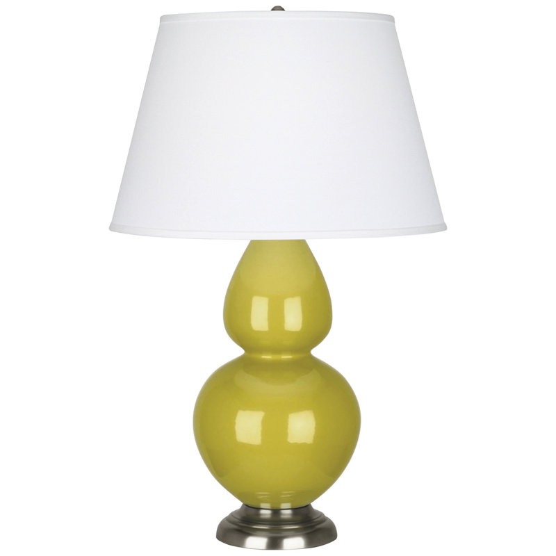 Lampe de table double gourde 30 po, Céramique émaillée jaune citron / argent antiqu, Blanc blanc