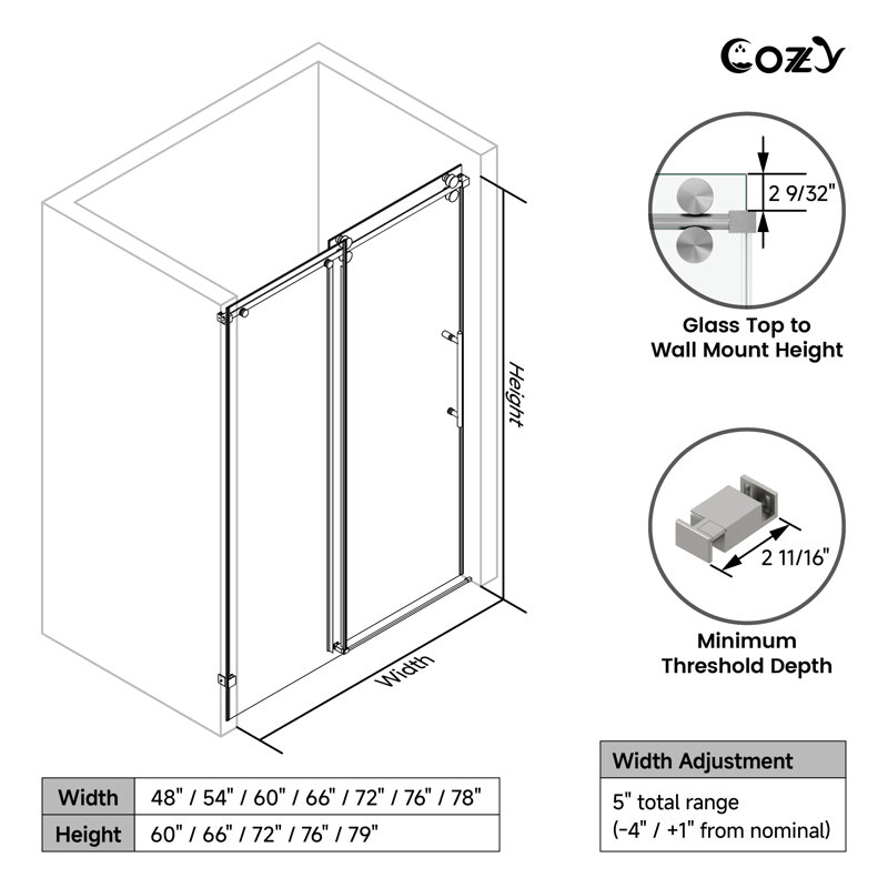 56-61" W x 60" H Frameless Single Sliding Tub Door with 3/8" (10mm) Clear Tempered Glass, Shatter-Resistant Film & Installation Hole Locator - Round Top Rail
