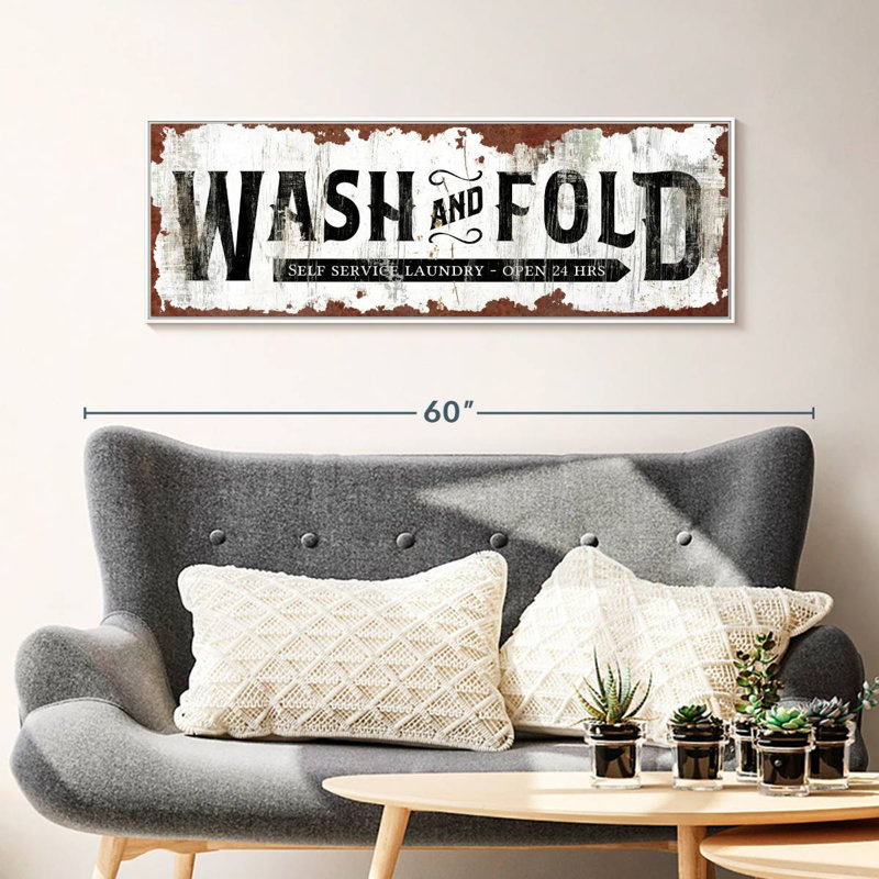 Ancienne affiche murale Wash and Fold, 43 po x 15 po, Cadre flottant blanc