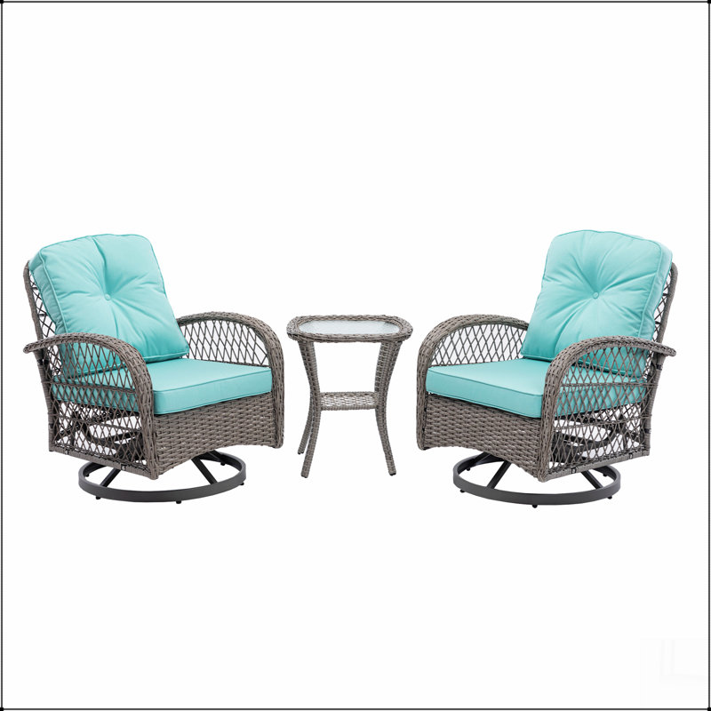 Ensemble de 3 chaises de patio à bascule pivotantes pour l'extérieur, ensemble de conversation berçant à 360 degrés, Bleu