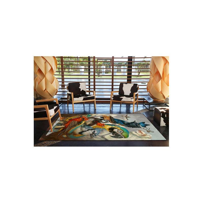 Tapis multicolore à motif d'oiseaux lavables, Carré 3 pi 3 po