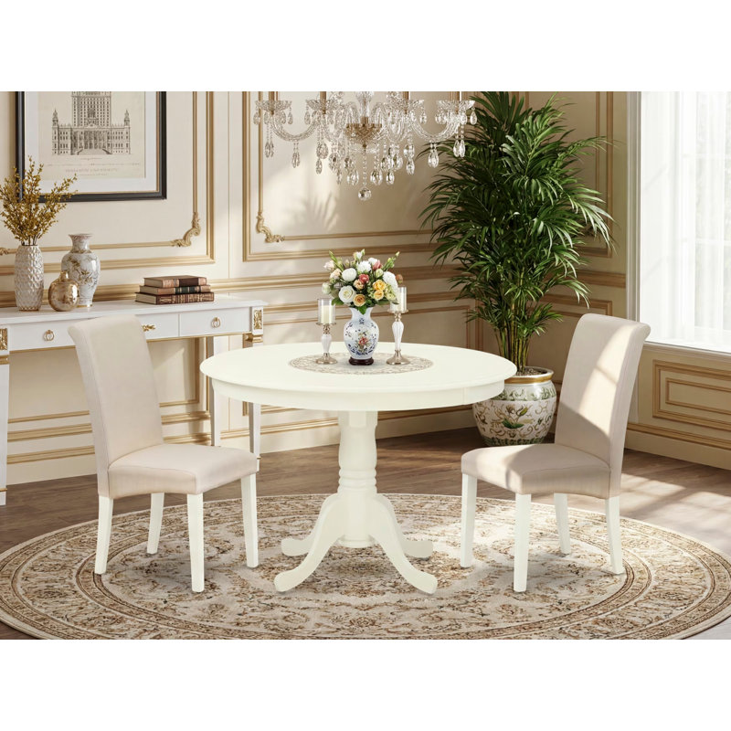 3 Piece Dining Room Furniture Set Contains a Round Dining Table with Pedestal and 2 Cream Linen Fabric Parsons Chairs, Linen White