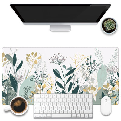 Tapis de bureau, tapis de souris de jeu grand format à motifs de feuilles vertes et dorées et de fleurs sauvages, avec base antidérapante et bords cousus, 40 x 90 cm. Tasse blanche offerte.