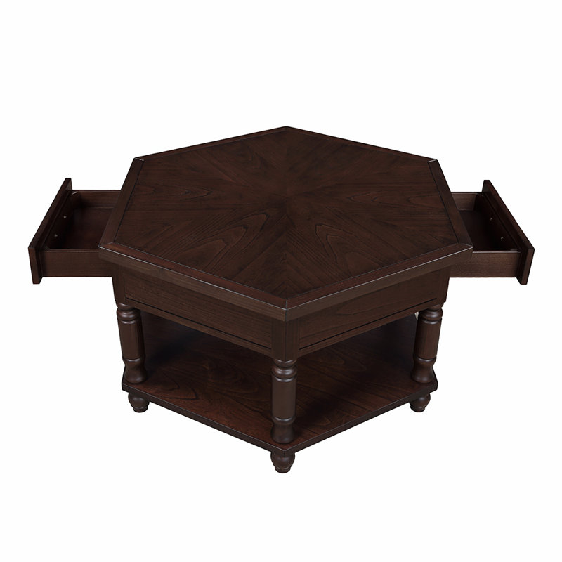 Retro Hexagon Living Room Solid Wood Coffee Table with Shelf, Light Espresso, Light Espresso