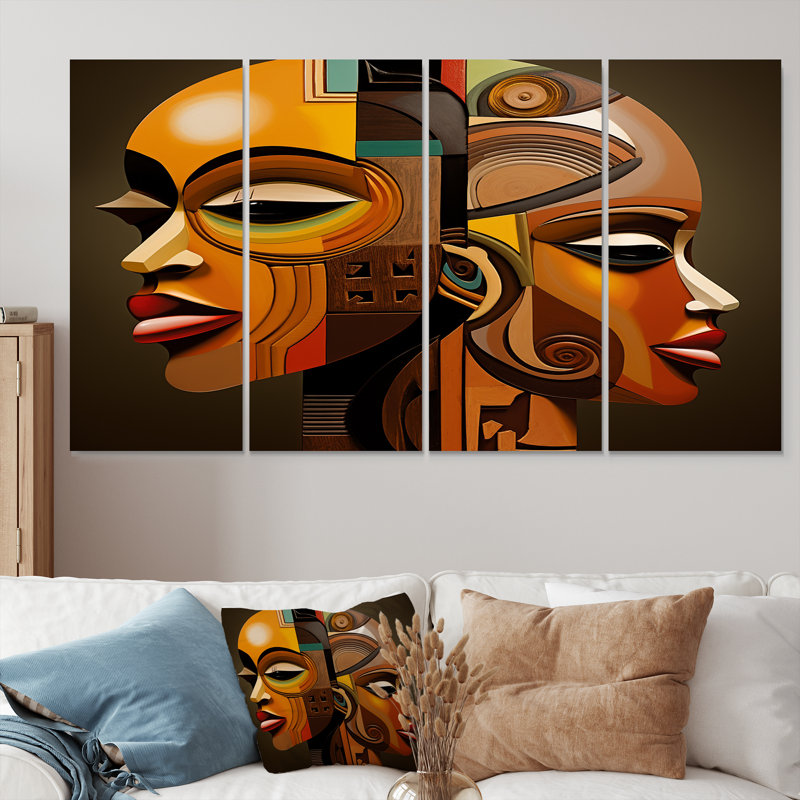 Ensemble de 4 décorations murales Kushite Vision Minimal Contemporary - Masque africain, H 28 po x l 48 po