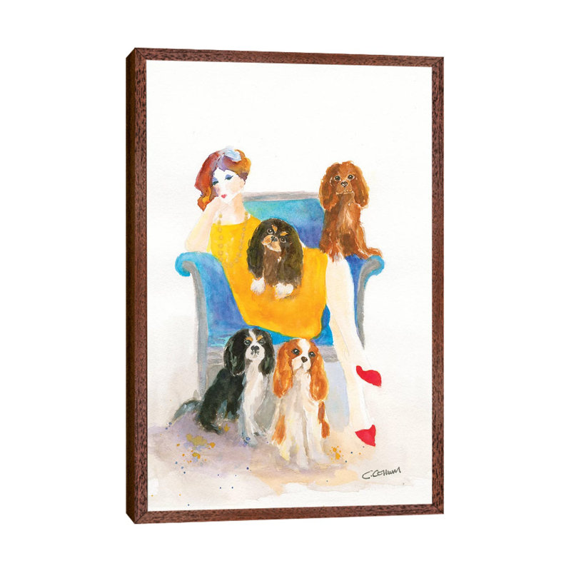 Cavalier Lady In Blue Chair by Connie Collum - Painting on Canvas, Classic Brown Wood Framed