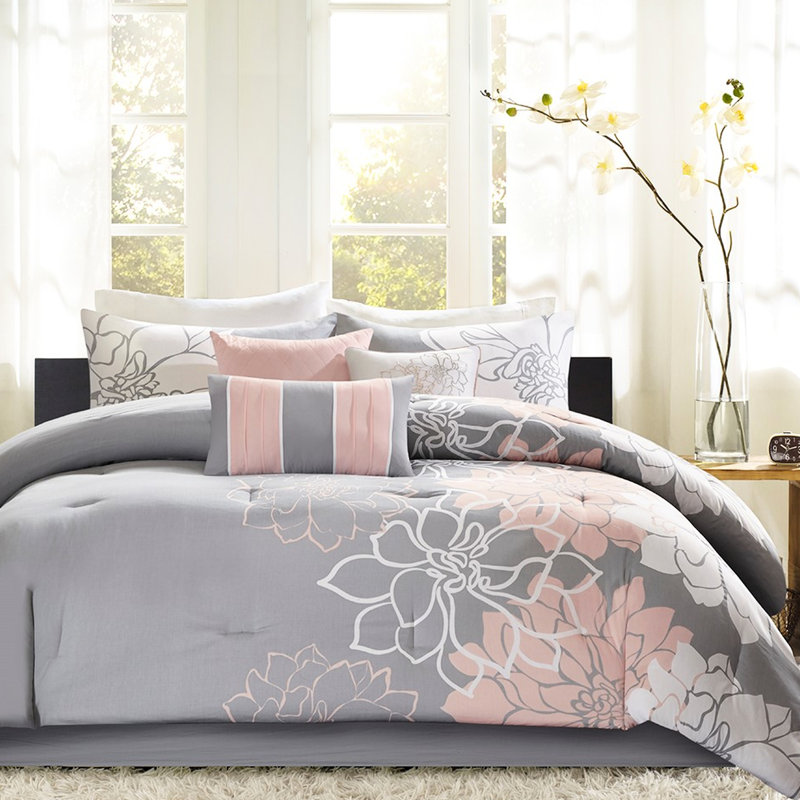 Édredon imprimé en coton pour très grand gris / pêche - belle fleur, literie, coussins décoratifs, rembourrage, 3 tissus élégants