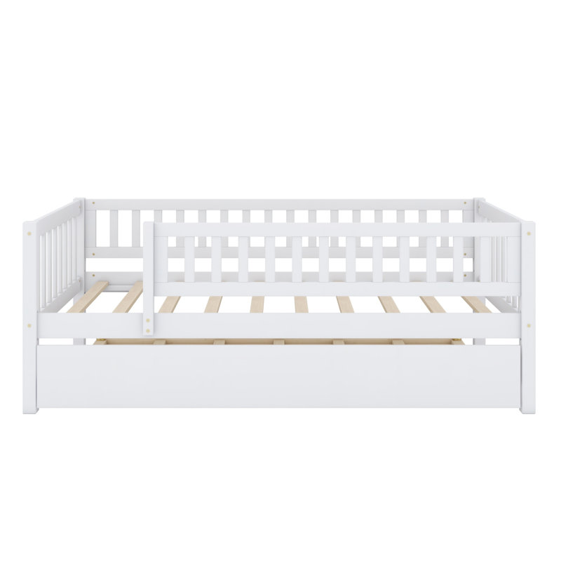Wood Daybed With Trundle And Fence Guardrails, White