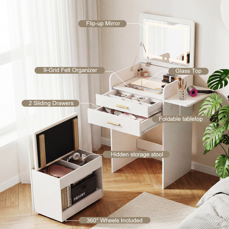 Ensemble de coiffeuse avec miroir à DEL et tabouret Flip-Top