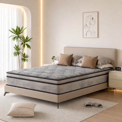 13” Soft Pillow Top Hybrid Mattress for Extra Lumber & Hip Support, Foam Enchased, Certipur-US Certified, Damask Fabric Cover.