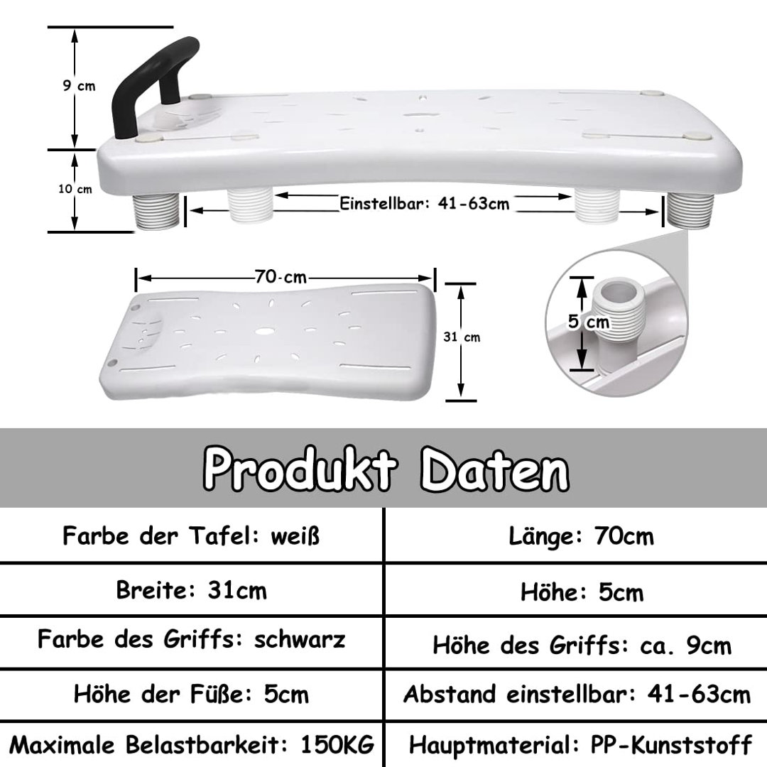 Badewannenbrett 70x31cm Badewannensitz Einstellbar Wannenbrett zum Sitzen PP-Material, Schwarz Griff