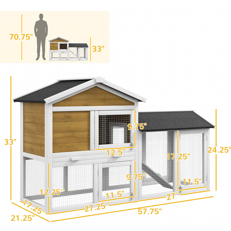 Cage en bois pour petits animaux avec aire de roulement, toit en asphalte fiable, plateau amovible pour un nettoyage sans effort, portes verrouillables et rampe sécuritaire de 58 po facile d'entretien,