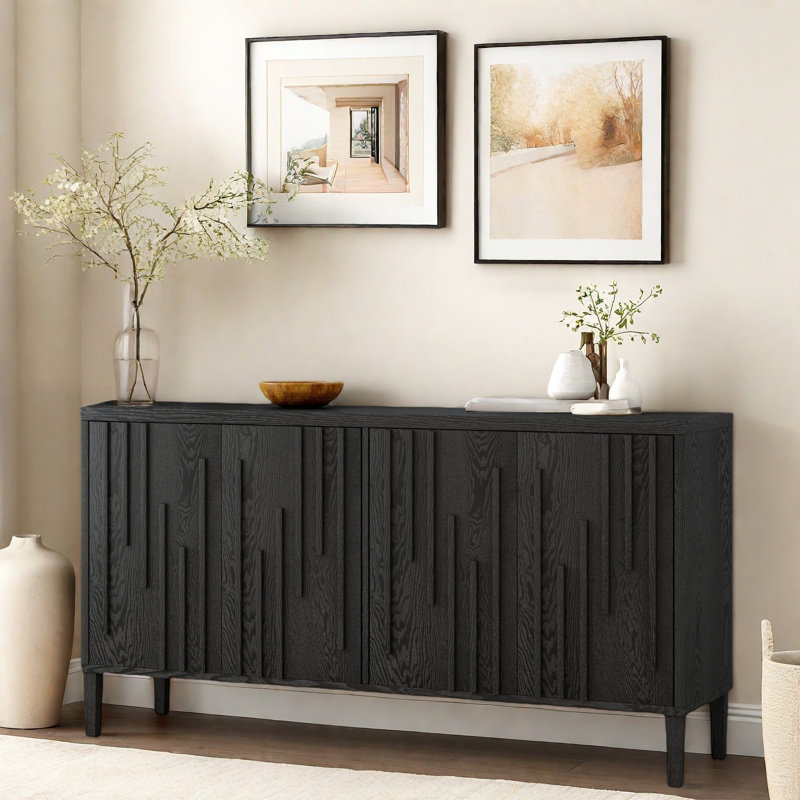 Farmhouse Sideboard With Hidden Handle And Distinctive Solid Ash Veneer, Black