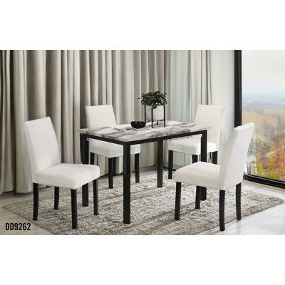 5 Pcs Dining Set Faux Marble Top Table + 4 White Chairs Fabric -  Lark Manor™, F57DA7DF89C047DC9D375042286E46A1