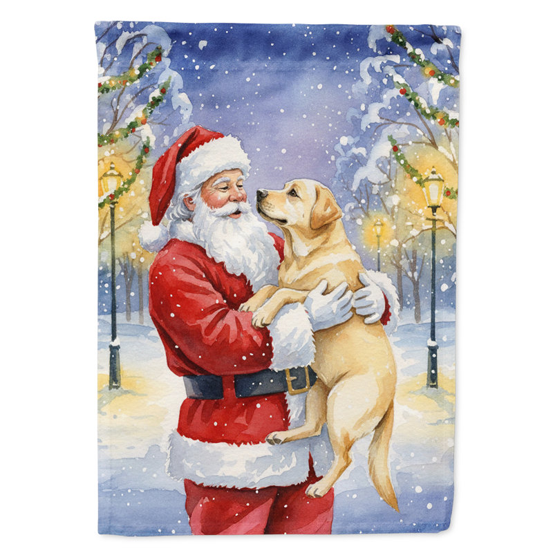 Labrador retriever jaune avec le drapeau de la maison du père Noël, Taille de la maison, Jaune labrador retriever