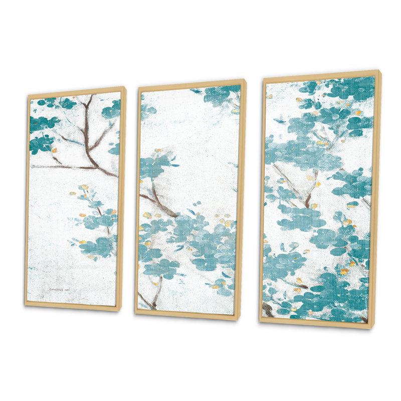 Teal Cherry Blossoms II - ensemble d'art mural sur toile encadré traditionnel de 3, 20" H x 36" W x 1" D, Cadre brun
