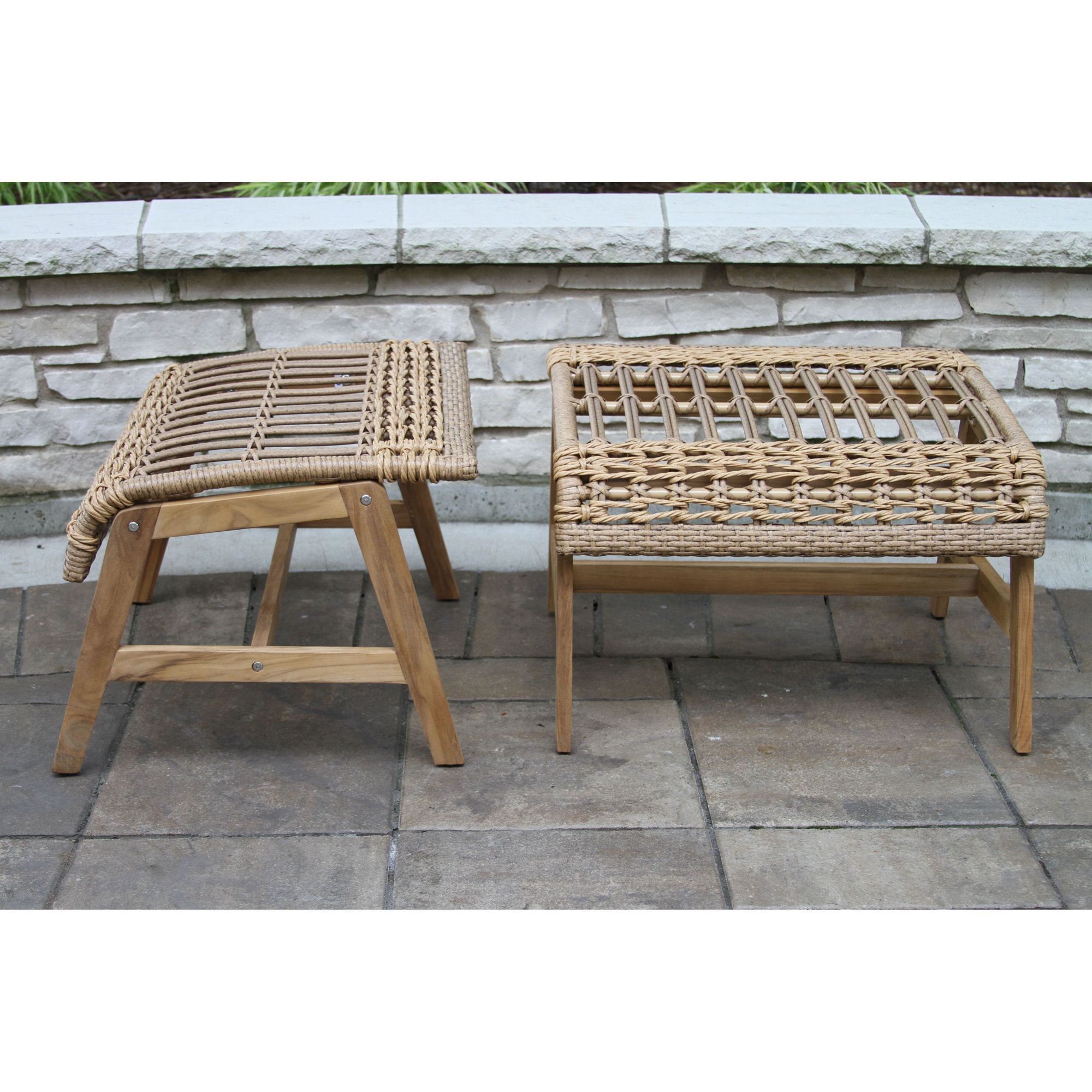 Anyston Outdoor Teak Ottoman, Natural Wicker