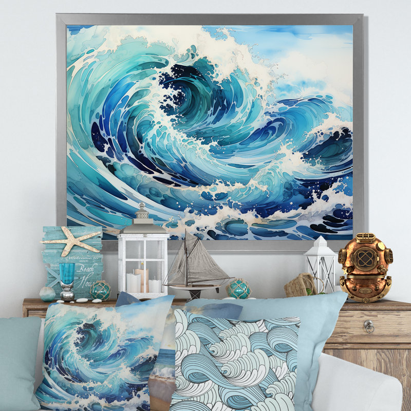 Blue Wave Ocean Storm - art mural océan, Cadre flottant blanc, H 30 po x l 40 po x P 1,5 po