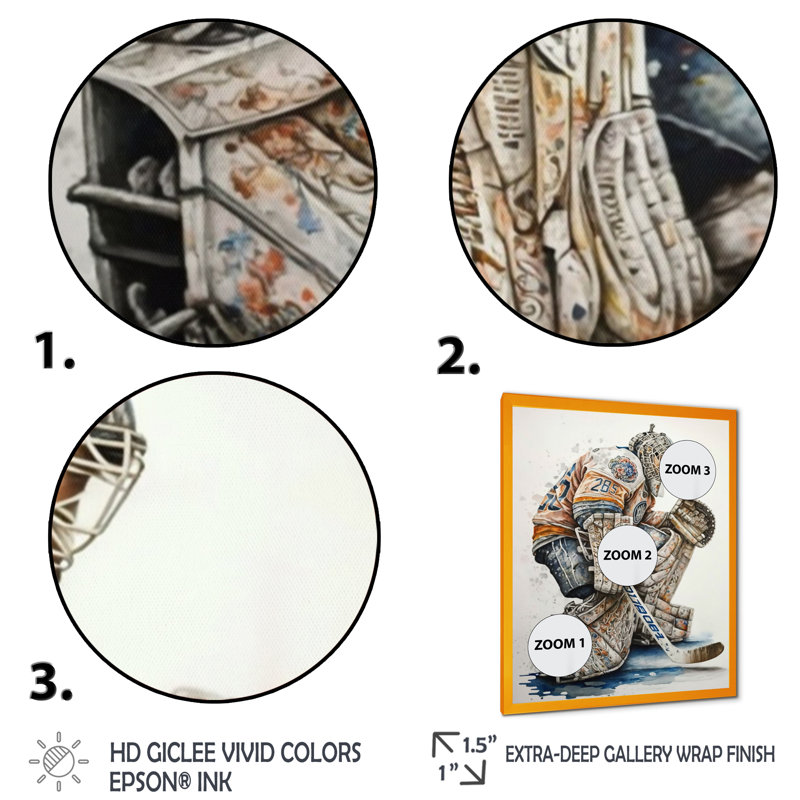 Gardien de but pendant le match de hockey I - Impression sur toile, H 32 po x l 16 po x P 1 po, Encadrement doré