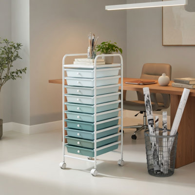  Chariot de rangement roulant à 10 tiroirs avec roulettes verrouillables, structure en acier robuste, tiroirs coulissants pour la maison, le bureau et le garage, vert lime