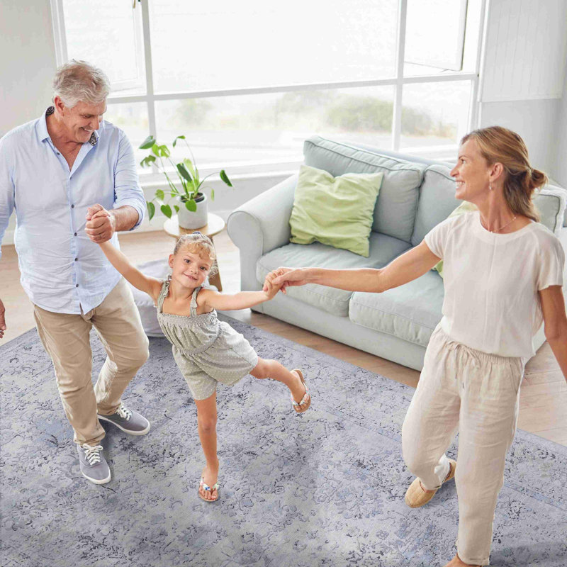 9'x 12'Blue+Cream Washable Area Rug, Rectangle 9' x 12'