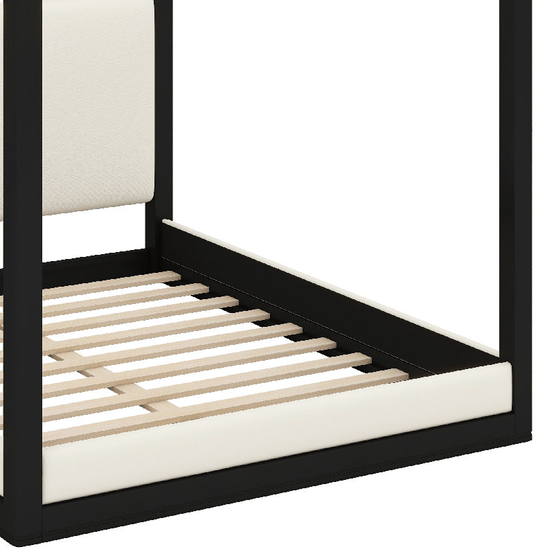 Lit plateforme à baldaquin avec tête de lit tapissier, structure en bois avec poteaux et support à lattes en bois, Grand lit