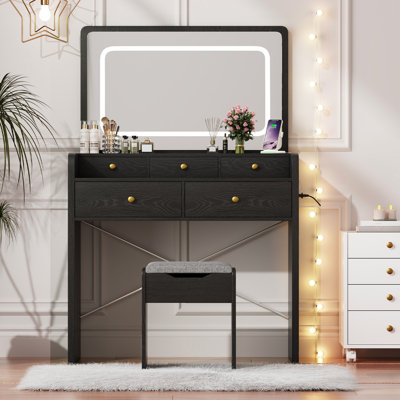 Vanity Set With Mirror, Led Lights And Power Outlet Makeup Vanity Table With 5 Drawers For Bedroom Dressing Room by Wrought Studio