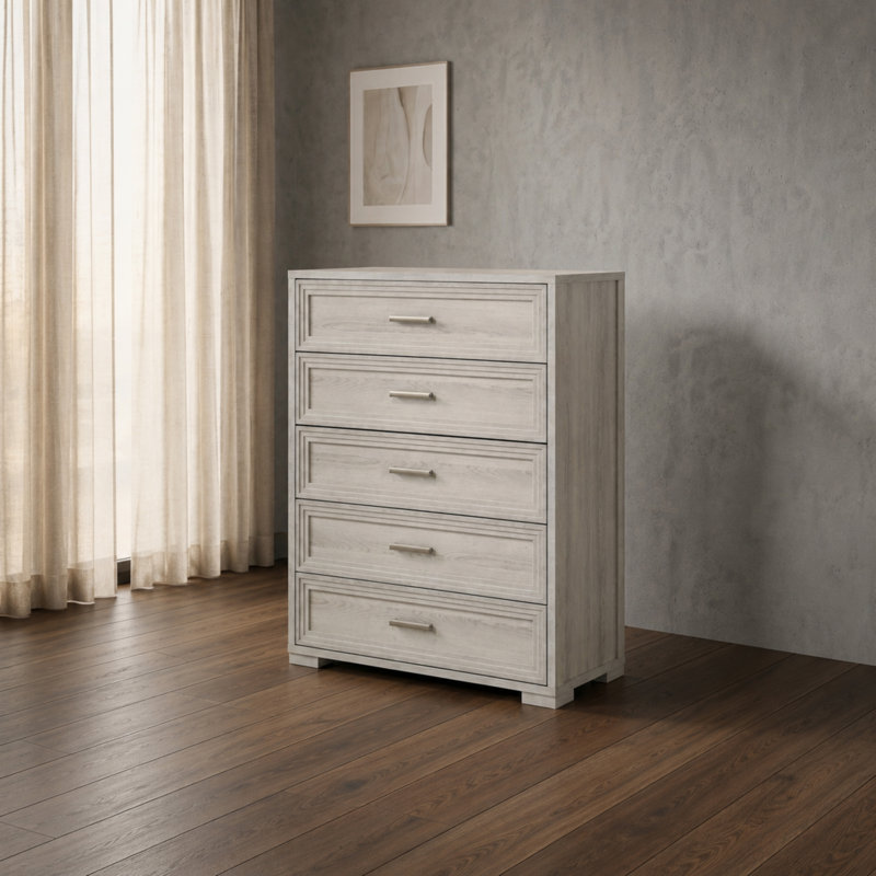 Liora 5-Drawer Tall Bedroom Storage Chest with Clean-Lined Contemporary Style, Rustic Natural