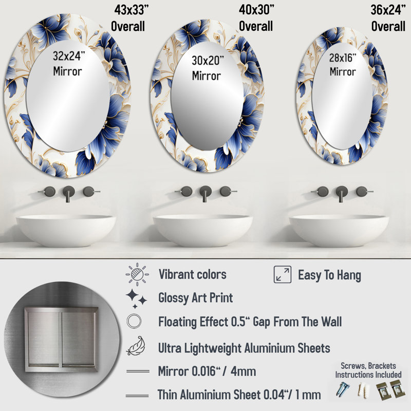 Motif victorien filigrane bleu cobalt - grand miroir mural ovale sur métal, H 40 po x l 30 po