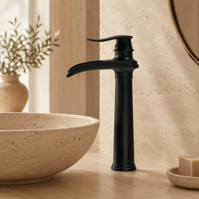 VanoFall Waterfall Vessel Matte Black Single Hole, Single Handle With Drain Assembly, Matte Black