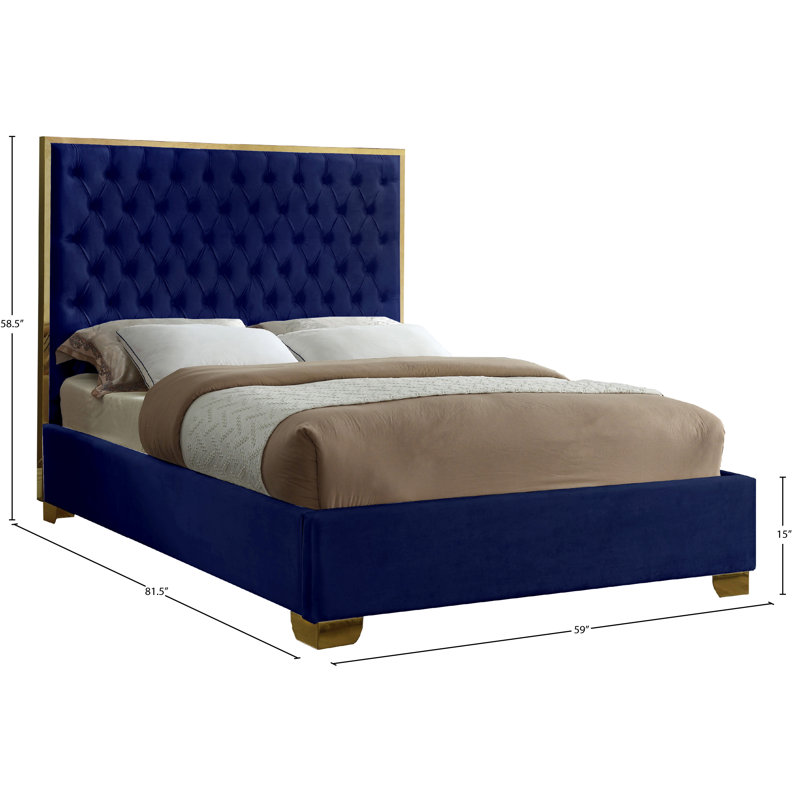 Spadaro Upholstered Platform Bed, Navy Velvet, Gold, Full