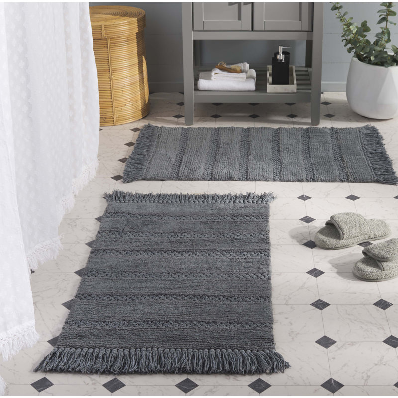 Finn Fringe Hand Woven Cotton Machine Washable Solid Color Bathmat, Dark Gray