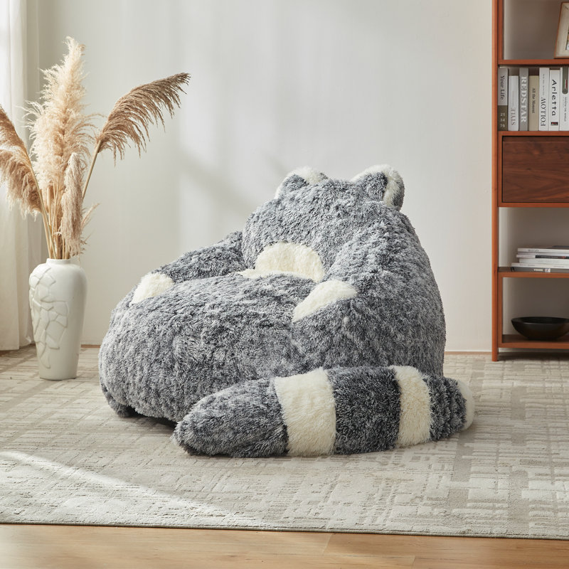 Giant Black Raccoon Compression Bean Bag With Detachable Tail, Fluffy Lazy Chair, Black Faux Fur