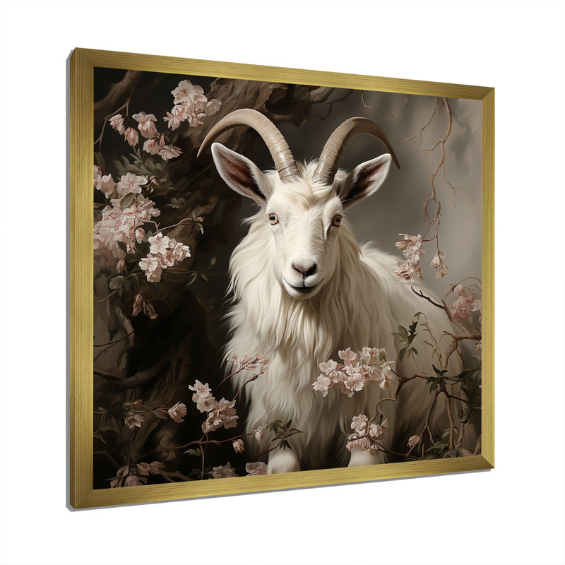 Alpine Alpine goat floral portrait II - Chèvre, art mural, Cadre doré simple, H 36 po x l 36 po x P 1,5 po