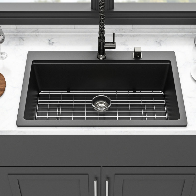 33X22" Black Quartz Workstation Drop - In Kitchen Sink, Made Of Advanced Quartz, Smooth And Non Scratch, Reduces Noise, Comes With Drying Rack Cutting Board Thick Stone For Noise Reduction, Hard