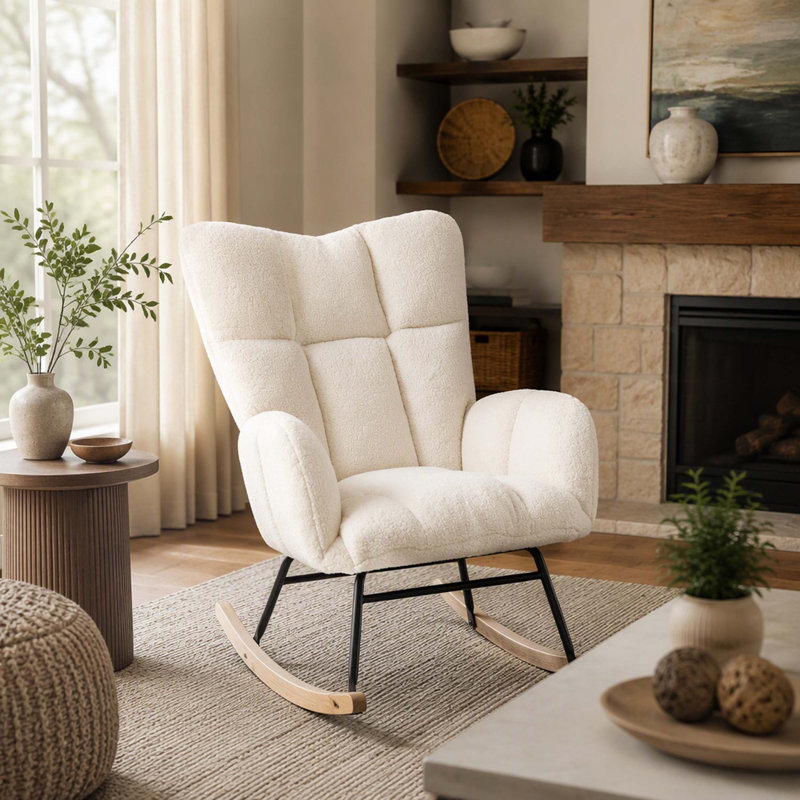 Fauteuil berçant et oscillant capitonné en tissu Teddy, Ivoire ivoire, Ivoire ivoire