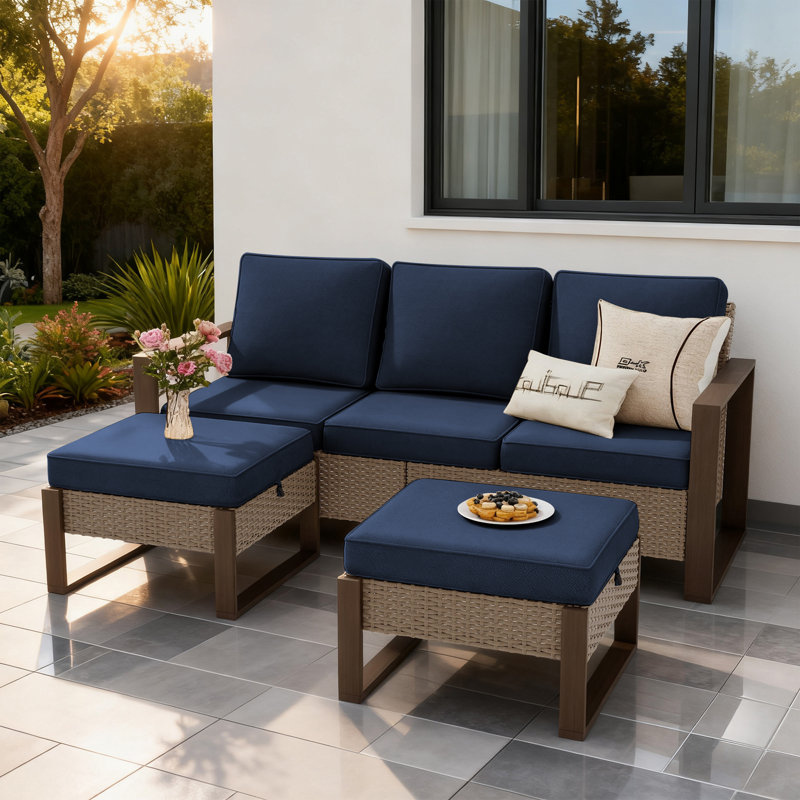 Patio Wicker Sofa Set With A 3-seat Sofa & 2 Ottomans, Outdoor Conversation Furniture Set With Removable Cushions & Wood-looking Metal Armrest For Garden, Backyard, Porch, Deck